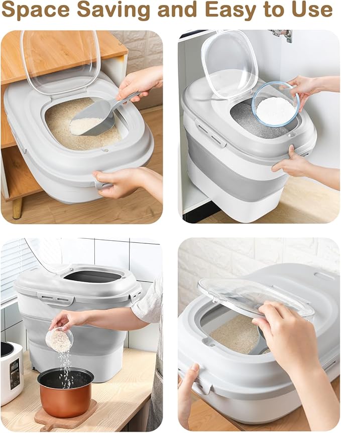20-50 Lbs Food Storage Container With Wheel, Airtight Locking Lid, Collapsible Rice Container, Flour Storage With Small Container and Scoop, Suitable for Pet Food