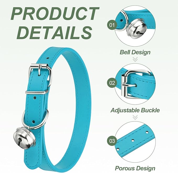 Dog Collar with Bell, Pu Leather Cat Collars Pet Basic Soft Padded Adjustable Buckle, 20" (Bright Blue, 1 Pcs), Intended for Teacup/Little Dog/Kitten Cats/Small Animals