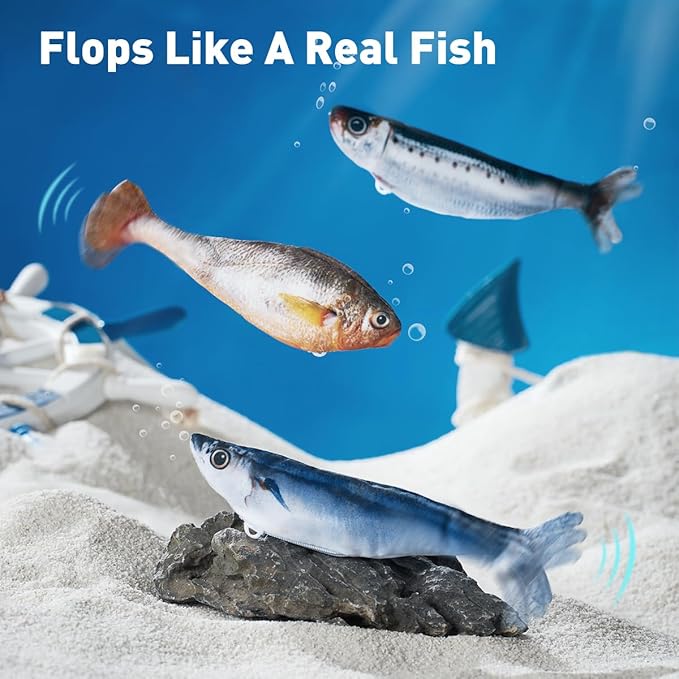 Petgravity Bite-Sized Realistic Flopping Fish Cat Toys, 3 Pack, Interactive Cat Toys for All Breeds, Tap-Activated 3 Flapping Mode, Sardine/Saury/Yellow Croaker, 7.1 Inches, with Catnip, Rechargeable
