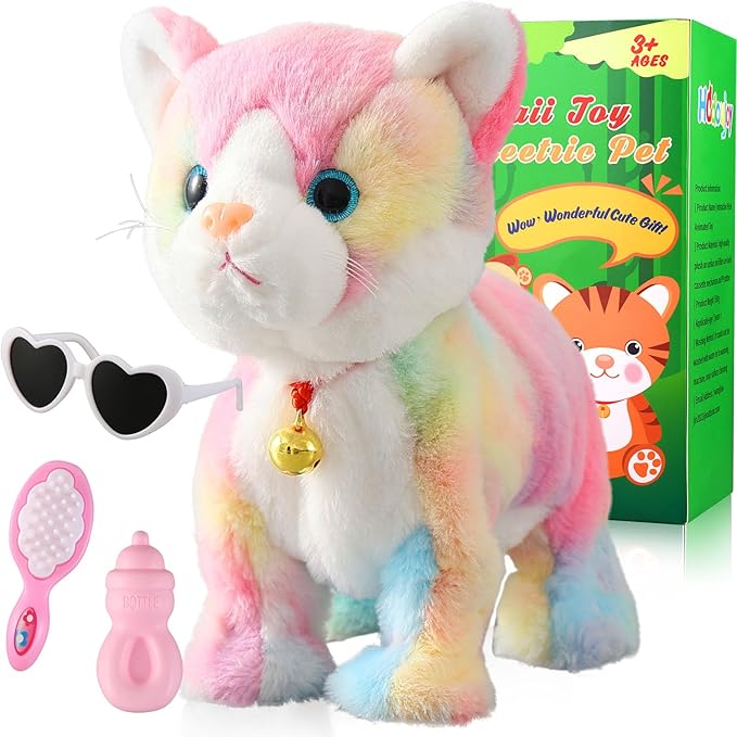 Colorful Plush Robot Cat Stuffed Animal Interactive Cat Robot Toy, Robotic Cat Barking Meow Kitten Touch Control, Animated Kitty Cat Pet, Robot Kitty Toy for Baby Birthday H:12"