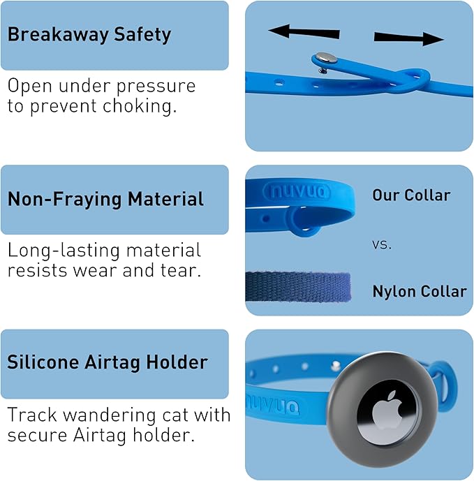 Cat Collar with Airtag Holder - Soft, Comfortable, and Lightweight Breakaway Collar with Air Tag GPS Tracker Holder for Outdoor Cats and Sensitive Skin Kittens by Nuvuq (6 ⅞" to 10 ¼", Blue)