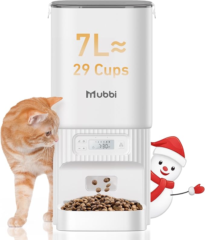 Automatic Cat Feeders, 7L/29 Cups Automatic Dog Feeder with Desiccant Bag, 1-6 Meals Ideal for 2-15mm Dry Food, Suitble for Multiple Pets, Dual Power Supply, Detachable Washable, White