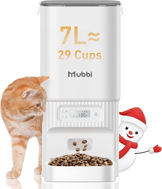 Automatic Cat Feeders, 7L/29 Cups Automatic Dog Feeder with Desiccant Bag, 1-6 Meals Ideal for 2-15mm Dry Food, Suitble for Multiple Pets, Dual Power Supply, Detachable Washable, White