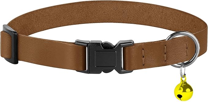 Breakaway Cat Collar with Bell - Leather Adjustable Kitten Collars with Safety Quick Release Buckle - Soft Small Pet Collars for Girl & Boy Cats (Brown)