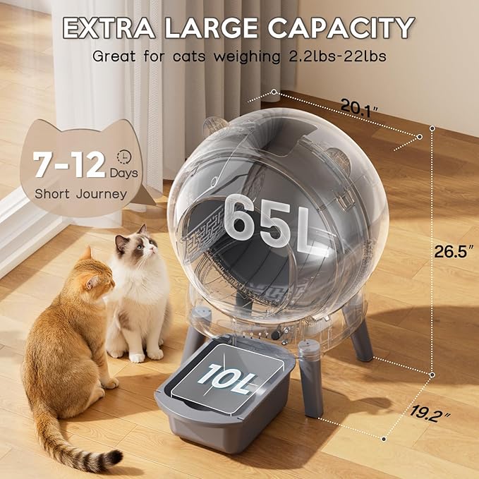 Automatic Litter Box for Multiple Cats, Large Capacity Self Cleaning Litter Box with App Control, Odor & Noise Control, Dual Safety Sensors, Easy Maintenance with 2 Roll Garbage Bags, Gray