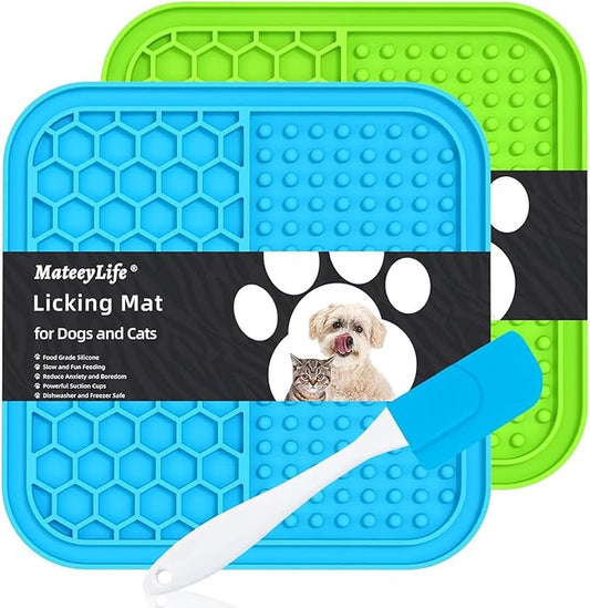 MateeyLife 2PCS Small Lick Mat for Dogs and Cats, Licking Mats for Dog Anxiety Relief, Cat Peanut Butter Lick Pad for Boredom Reducer, Dog Treat Mat Perfect for Bathing Grooming Blue&Green