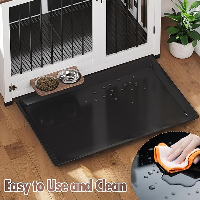 39.4" Dog Crate - Wooden Dog Kennel Furniture with Removable Tray & 360° Rotating Feeder | Indoor Sturdy End Table for Medium & Large Dogs | Easy Assembly, White Dog Cage for Living Room