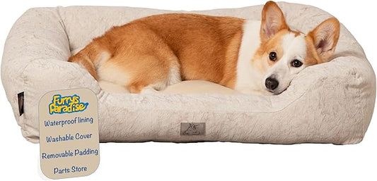 Furry's Paradise Cuddler Waterproof Bolster Pet Bed with Recycled Fibers and Non-Slip Bottom. (Brown Marble, Medium)