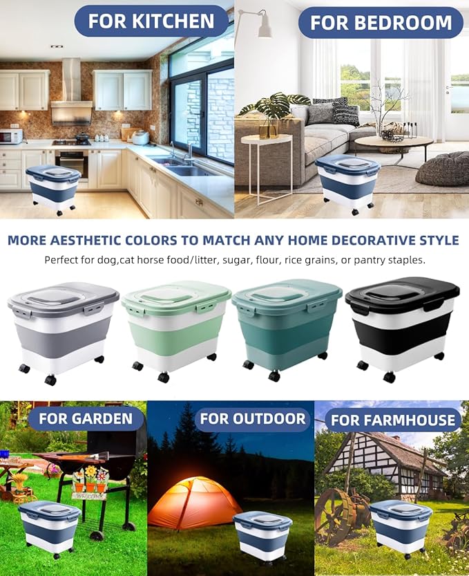20-30 Lbs Rice Storage Container,Collapsible Food Storage Containers with Rolling Wheel Airtight Locking Lid,Flour Storage Container with Cup and Scoop,Suitable for Food,Rice,Pet Food,Flour