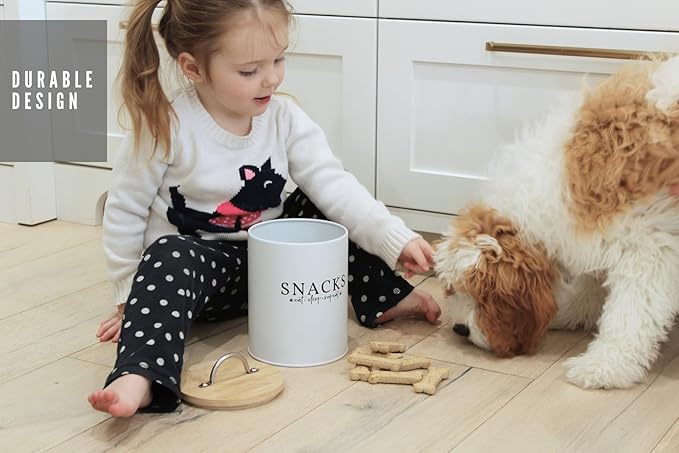 White Dog and Cat Treat Container with Easy to Open Bamboo Lid, 8.5 cups/ 70 fl oz.