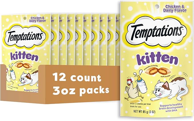 Temptations Kitten Crunchy and Soft Cat Treats Chicken and Dairy Flavor, 3 oz. Pouch, (Pack of 12)
