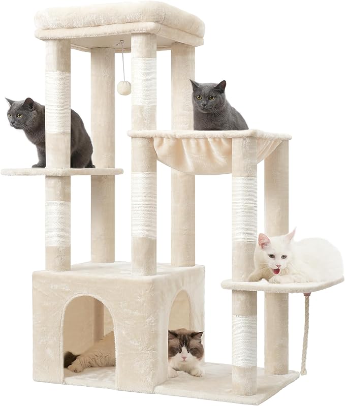 Heybly Heavy Duty Cat Tree, Tower for Indoor Cats Large Adult, Tall Cat Condo House with Extra-Large Baseboard, Multi-Level Plush Furniture with Scratching Posts, Hammock,Toy Balls, Beige HCT026M