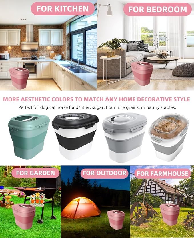30-35 Lbs Dog Food Storage Container Collapsible Dog Food Container with Airtight Lids, Wheels, Scoop and 2pcs Food Storage Containers, Large Pet food storage for Dog, Cat (Pink)