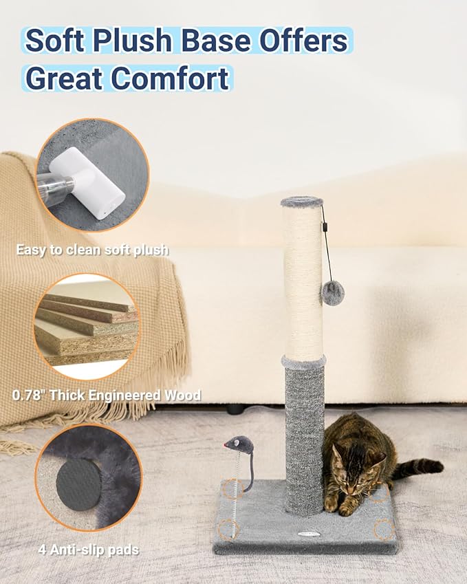 Happi N Pets 29.5" Tall Cat Scratching Post, Cat Scratchers for Indoor Cats, Sisal Scratch Post & Carpet Post in One, Stable Cat Scratch Post with Two Toys, Extra Free Toy, Light Gray
