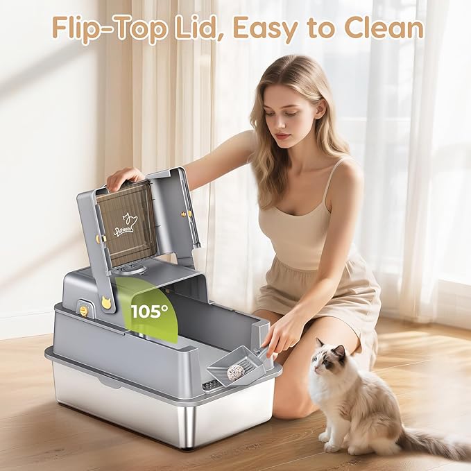 L7 Pro-Stainless Steel Litter Box with Lid, XXL Extra Large Enclosed Metal Cat Box for Kitty&Big Cats, Odor Control - Cat Litter Deodorizer, High Sided Enclosure with Scoop & Mat, Anti-Leakage-Grey