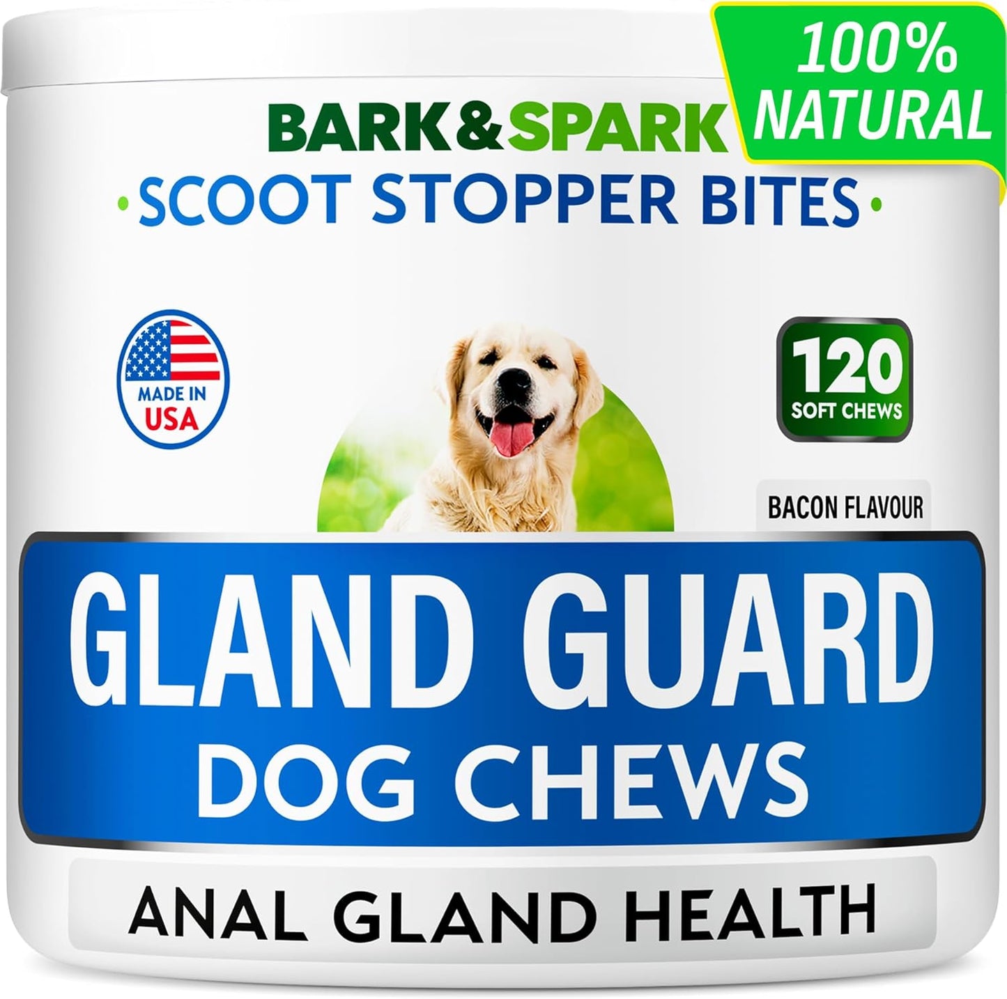 BARK&Spark Dog Anal Gland Treatment Chews - AnalGland Support Supplement - Stop Scoot & Reduce Odor with Prebiotics & Digestive Enzymes - Bacon Flavor, 120 Treats