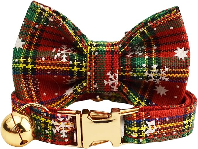 Plaid Polyester Personalized Cat Collar with Name & Owner Phone, Customizable Laser-Engraved, Charming Bell, Metal Buckle for Kittens and Cats - Matching Leash Available (Style-M)