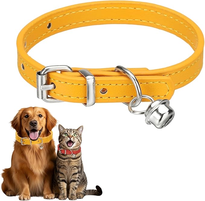 Dog Collar with Bell, Pu Leather Cat Collars Pet Basic Soft Padded Adjustable Buckle, 10" (Gold, 1 Pcs), Intended for Teacup/Little Dog/Kitten Cats/Small Animals