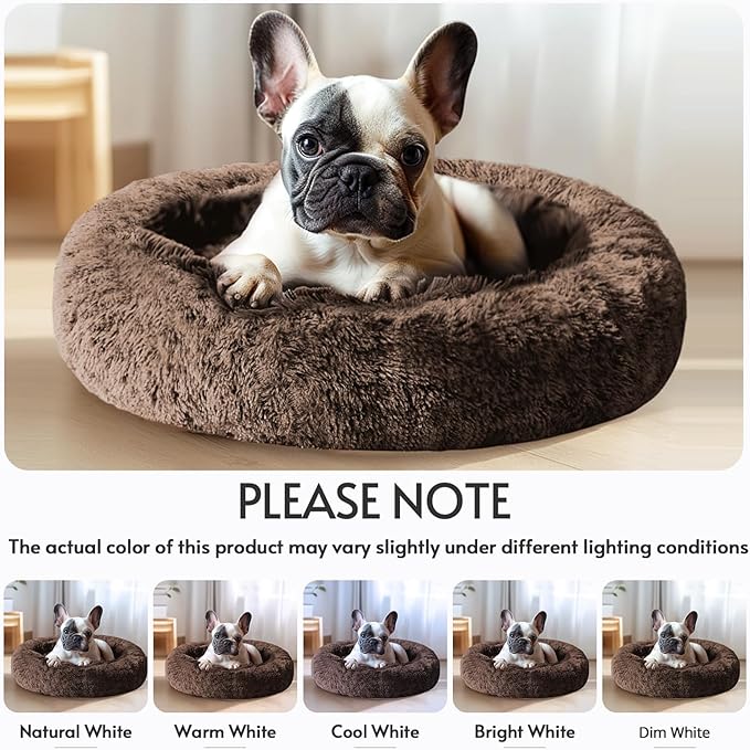 JOLLYVOGUE Small Dog & Cat Beds for Indoor Cats, Donut Cuddler Warming Soft Dog Beds with Anti-Slip Bottom, Round Calming Fluffy Plush Faux Fur Cushion Bed for Medium Dogs (27", Coffee)
