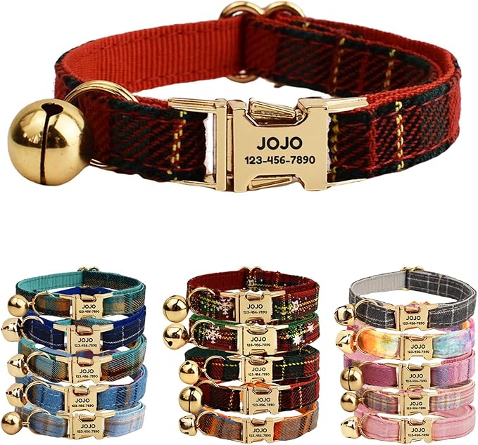 Plaid Polyester Personalized Cat Collar with Name & Owner Phone, Customizable Laser-Engraved, Charming Bell, Metal Buckle for Kittens and Cats - Matching Leash Available (Style-J)