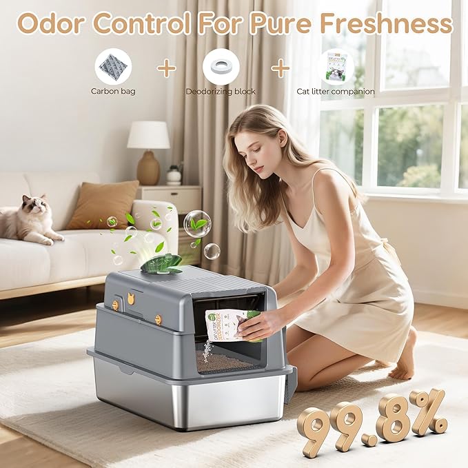 L7 Pro-Stainless Steel Litter Box with Lid, XXL Extra Large Enclosed Metal Cat Box for Kitty&Big Cats, Odor Control - Cat Litter Deodorizer, High Sided Enclosure with Scoop & Mat, Anti-Leakage-Grey