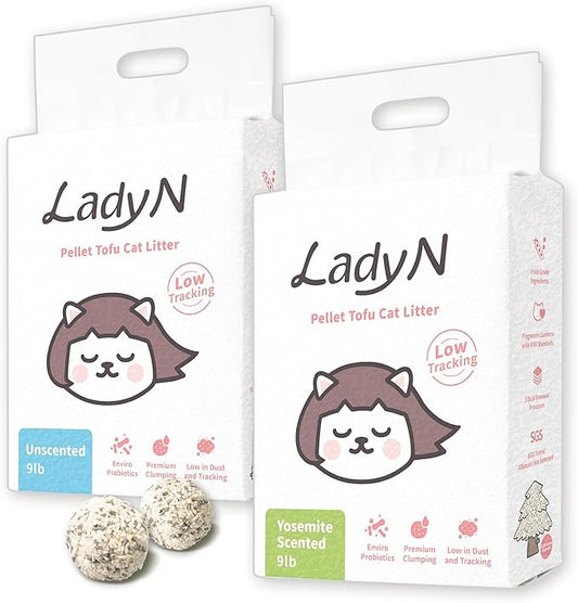 Lady N Pellet Tofu Cat Litter, Strong Clumping, Dust-Free Low-Track Water-Soluble, Natural Ingredients, Enviro-probiotic and Activated Carbon for Odor Control 18lb Yosemite Woody Scent + Unscented