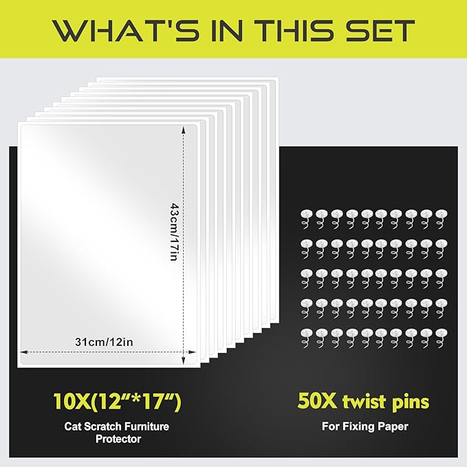 Anti Cat Scratch Furniture Protector, 10-Pack Couch Protector from Cat Claws for Sofa Corners, Walls & Doors – Heavy-Duty, Easy-to-Apply Shields with 50 Twist Pins