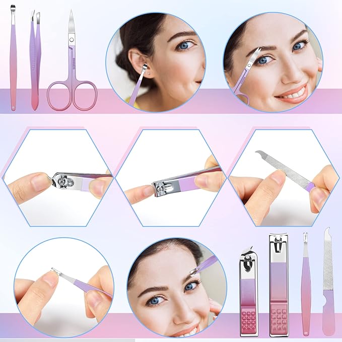 Aceoce Manicure Set Women Nail Clippers Professional Manicure Pedicure Kit Stainless Steel Nail Cutters Grooming Kit Personal Care Tools with Travel Case Gift for Women Gradual Purple