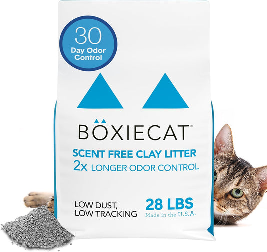 Boxie® Unscented 30 Day Odour Control Clumping Clay Cat & Kitty Litter 28 lb, 99.9% Dust-Free, Hard Flat Top® Clumps, No Fragrances No Fillers, Long-Lasting, Easy to Scoop