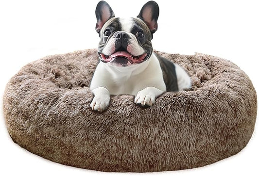 JOLLYVOGUE Small Dog & Cat Beds for Indoor Cats, Donut Cuddler Warming Soft Dog Beds with Anti-Slip Bottom, Round Calming Fluffy Plush Faux Fur Cushion Bed for Medium Dogs (27", Smoke Brown)