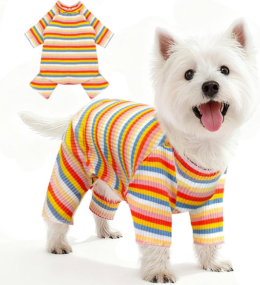 BAEJMJK Striped Dog Pajamas Stretchy Cute Four-Legged Boy Girl Dog Clothes with Sleeves Comfortable Dogs Jumpsuit Colorful Pet Puppy Outfits Apparel for Small Medium Dogs Cats(Yellow,Yellow,X-Large)