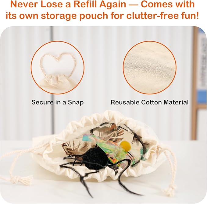 Cat Wand Toy – Retractable Wand with 4 Feather Toy Refills for Indoor Cats Enrichment, Interactive Cat Toy for Bored Adult Cats and High-Energy Kittens (BioBugs Serie)