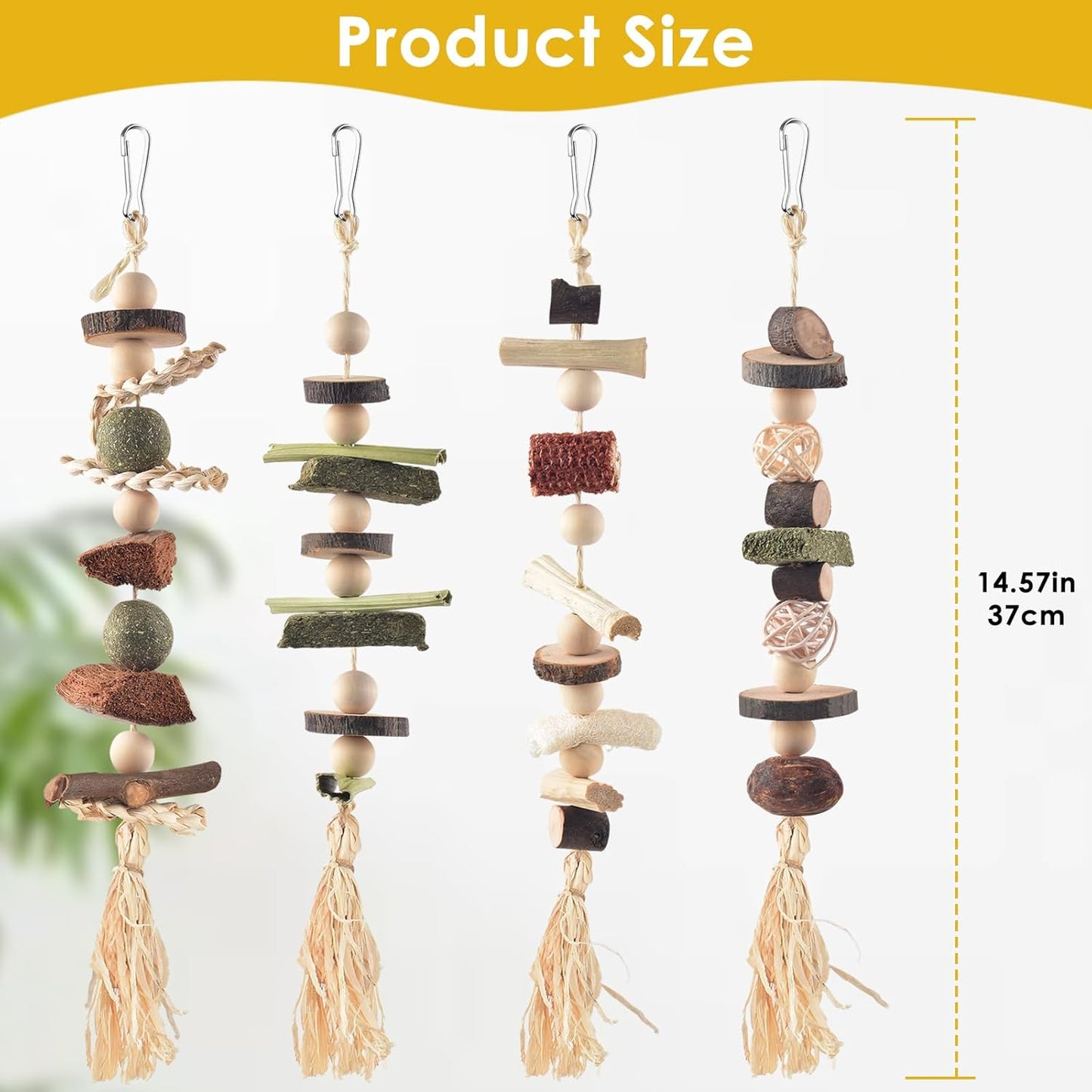 4 Pcs Bunny Chew Toys for Teeth, Hanging Rabbit Chewing Toy Treats with Timothy Grass & Natural Apple Wood, Improve Small Rodent Dental Health for Guinea Pig Hamster Chinchilla Rat Gerbil