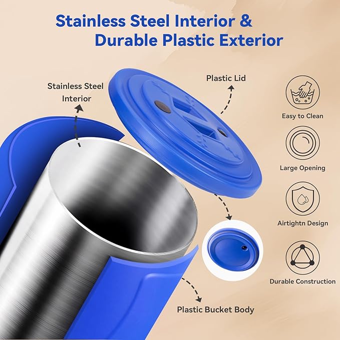 15lb Dog Food Storage Container, Stainless Steel Airtight Pet Food Storage Container and Durable Plastic Food Container, Large Metal Cat Food Container with Lid and Scoop to Keep Fresh