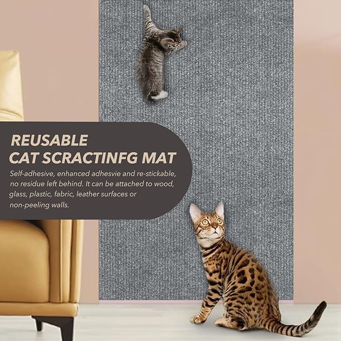 78.7"X15.8" Cat Scratching Mat, Self-Adhesive Cats Carpet, DIY Scratch Furniture Protector for Couch, Sofa, Wall & Doors, Durable Cat Scratch Guards Couch Cats Scratcher From Claw (Light Grey)