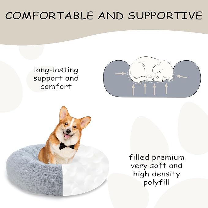 Calming Dog Bed 30'' inch, Plush Anti-Anxiety Donut Dog Bed for Medium Large Dogs, Warming Cozy Round Cuddler Nest Pet Bed, Grey