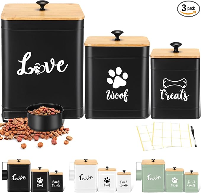 Metal Dog Treat Containers Set of 3 with Bamboo Lids and Spoon Airtight 7+3+2 lbs Dog Food Snack Jars with DIY Labels Big Pet Cookie Storage Jar for Kitchen Counter(Black,Classic)