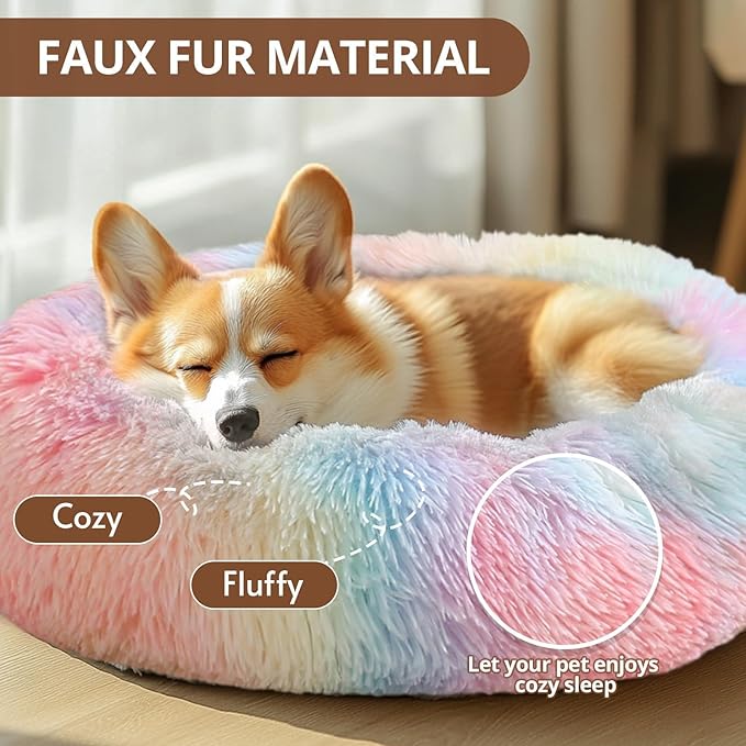 JOLLYVOGUE Small Dog & Cat Beds for Indoor Cats, Donut Cuddler Warming Soft Dog Beds with Anti-Slip Bottom, Round Calming Fluffy Plush Faux Fur Cushion Bed for Small Dogs (23", Rainbow)