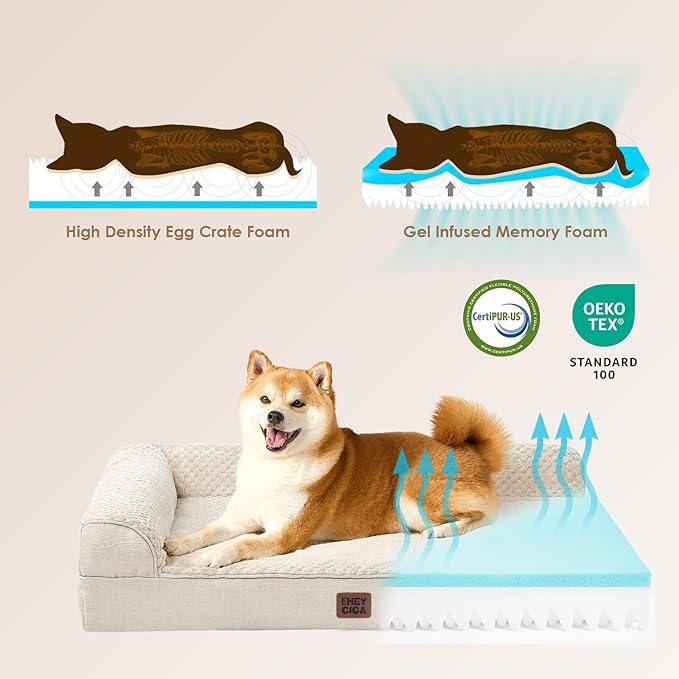 EHEYCIGA Memory Foam Dog Bed Large Sized Dogs, Waterproof Dog Bed Orthopedic with Washable Removable Cover, Non-Slip Pet Bed Couch, 36x27x6 Inches, Beige