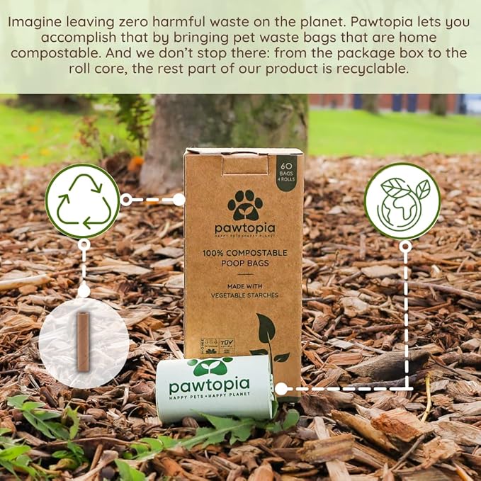 Pawtopia Biodegradable Dog Poop Bags, 60 Count, Certified Home Compostable, Leak-Proof, Easy Open