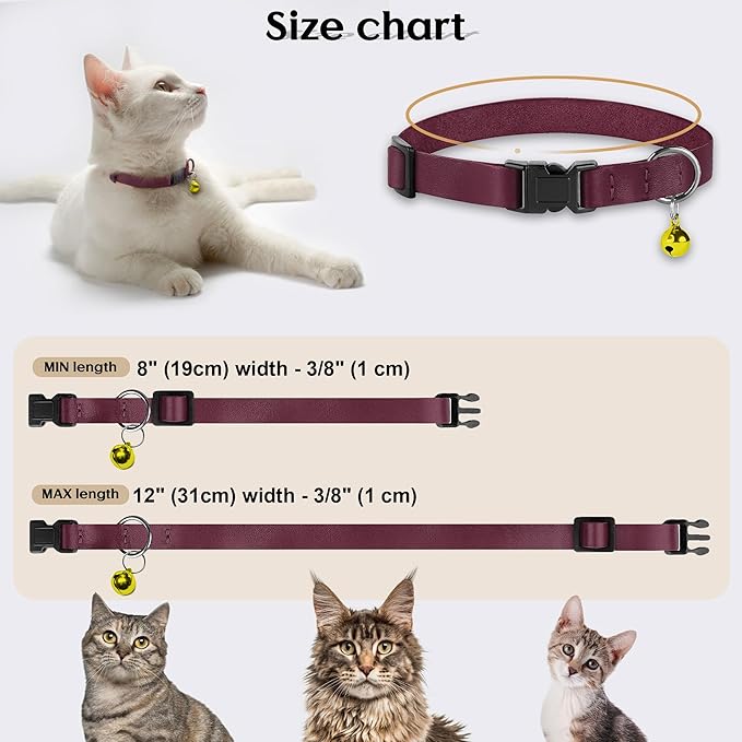 Breakaway Cat Collar with Bell - Leather Adjustable Kitten Collars with Safety Quick Release Buckle - Soft Small Pet Collars for Girl & Boy Cats (Burgundy)