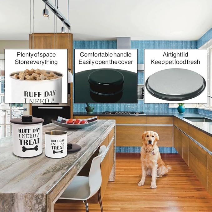 2pc Set Dog Treat Container with Lid, Round Tin Dog Treat Storage Jar for Countertop (Ruff Day)