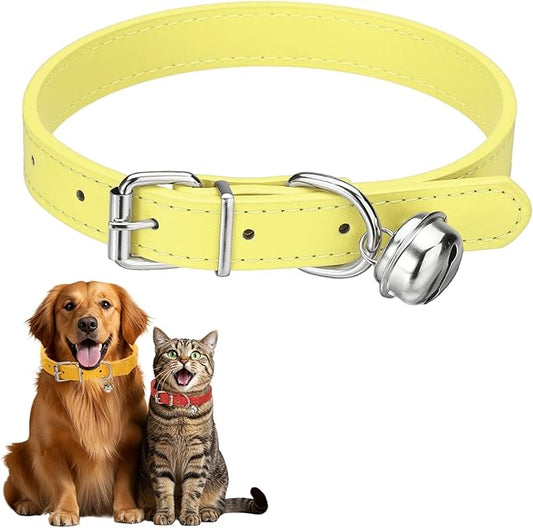 Dog Collar with Bell, Pu Leather Cat Collars Pet Basic Soft Padded Adjustable Buckle, 20" (Yellow, 1 Pcs), Intended for Teacup/Little Dog/Kitten Cats/Small Animals