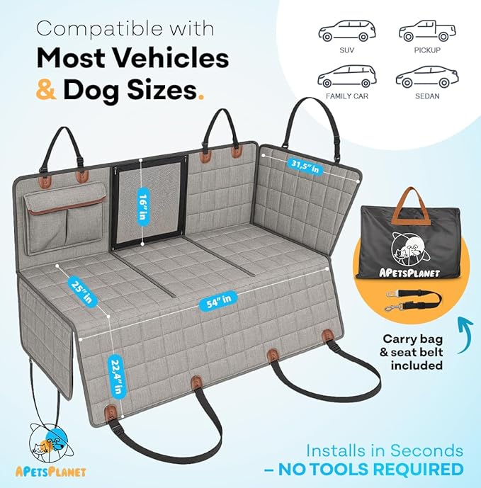 APetsPlanet Dog Car Seat Cover for Back Seat Hard Bottom - Waterproof Backseat Extender for Dogs - Pet Hammock for Car, Truck, SUV - Protector Bed with Mesh Window & Storage - Gray, with Door Covers