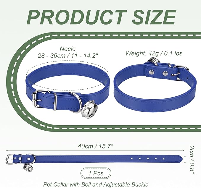 Dog Collar with Bell, Pu Leather Cat Collars Pet Basic Soft Padded Adjustable Buckle, 16" (Navy, 1 Pcs), Intended for Teacup/Little Dog/Kitten Cats/Small Animals