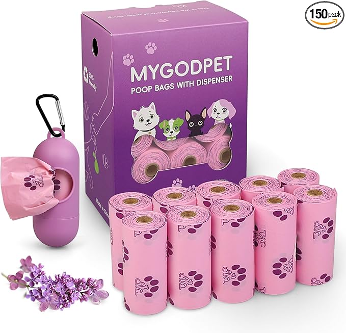Dog Poop Bags Rolls with Dispenser 150 Count Biodegradable Bags for Dog and Cat Lavender Scented Waste Bag Leak Proof Doggie Poop Bag Doggy Trash Bag Purple