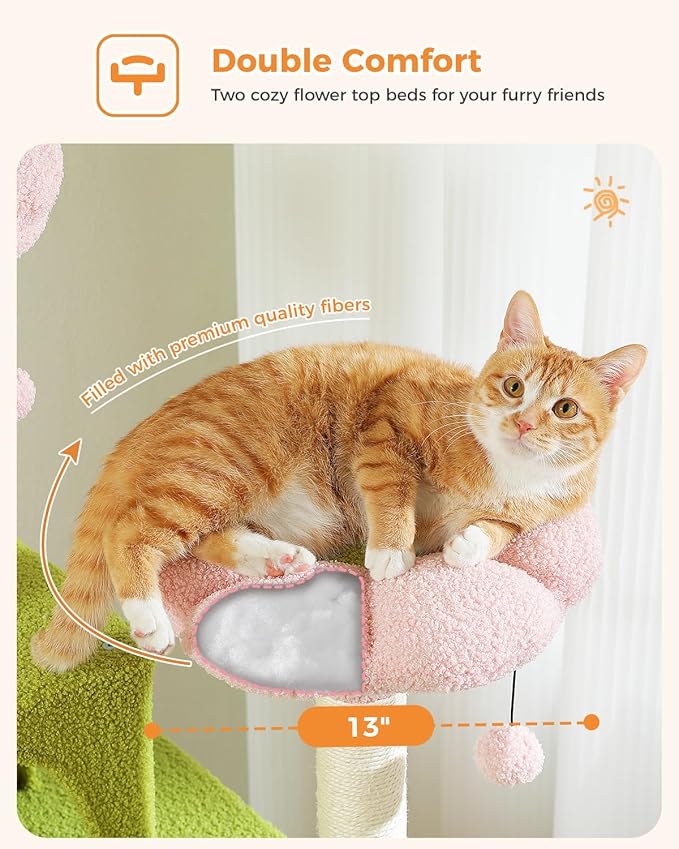 Flower Cat Tree, 70.9-inch Tall Cat Tower in Blossom Pink with 2 Condos & Large Hammock, Whimsical Cat Activity Center with Pom Poms for Indoor Cats