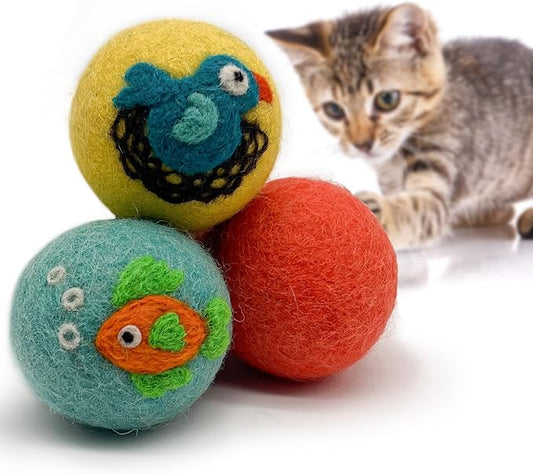 Hustle & Blush Wool Felt Balls - 3 Pack Love Ewe Pet Supplies – 2in Colorful & Durable Cat Toys Handmade from New Zealand, Ideal for Indoor Play and Mental Stimulation – Fish & Bird Design
