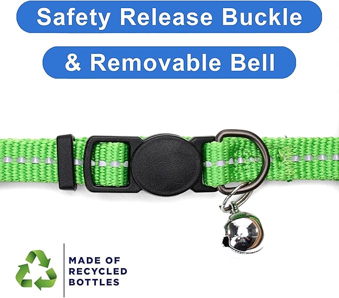 Pawtitas Recycled Green Reflective Cat Collar – Eco-Friendly Breakaway Safety Buckle, Adjustable Kitten & Adult Collar with Removable Bell and High-Visibility Strap