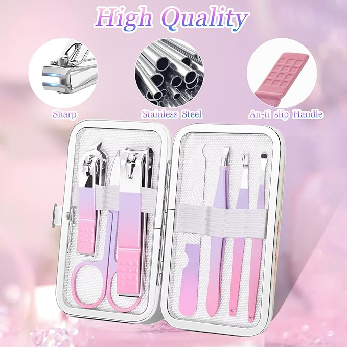 Aceoce Manicure Set Women Nail Clippers Professional Manicure Pedicure Kit Stainless Steel Nail Cutters Grooming Kit Personal Care Tools with Travel Case Gift for Women Gradual Purple